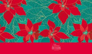 Vector illustration with stylized poinsettia patterns on red and teal green