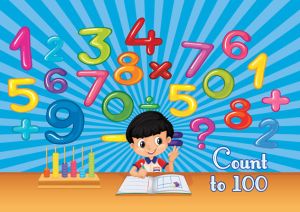 A boy with a notebook and an abacus against a blue sunburst backdrop