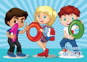 A girl and two boys holding a number 100 against a sky blue sunburst backdrop