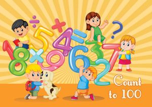 Kids and a dog playing with numbers against an orange sunburst backdrop