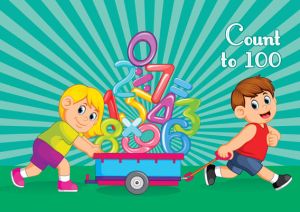 A girl and a boy carry numbers on a cart against a teal sunburst backdrop