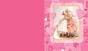 Two hugging girls, in dresses and hats on a pink background with flowers and hearts