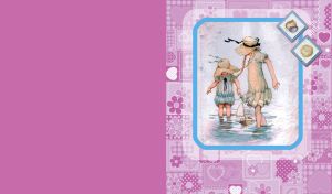 Two girls, wearing vintage dresses and hats, playing in with a sailboat, on light purple