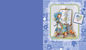 Young artist girl painting flowers with kittens around, framed on blue