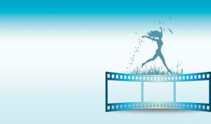 A silhouette of a girl dancing on the grass on a teal gradient