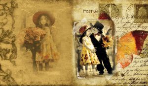 Vintage photo of a boy giving flowers to a girl on a handwritten old letter