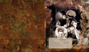 Vintage photo of a boy in a beret sitting next to a girl in a hat with feathers