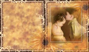 Retro picture boy kisses his baby sister on the pages of an ocher textured album