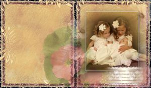 Retro picture of sisters in white dresses on the pages of a beige textured album