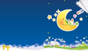 Children's drawing of crescent, stars and satellites in the blue sky