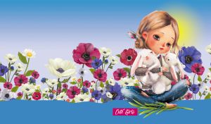 Illustration of a little girl hugging white bunnies amid flowers on blue