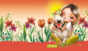 Illustration of a little girl hugging a spotted dog amid flowers on orange