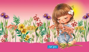 Illustration of a little girl hugging a cute fawn amid flowers on pink