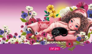 Illustration of a girl lying on a sofa with a black cat among flowers on purple