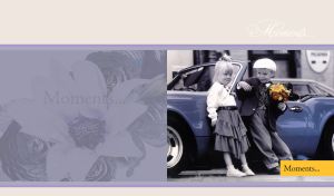 Vintage colorized photo of a smiling girl and boy with a bouquet by a dark blue car