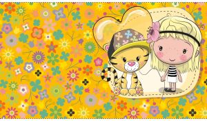 The Girl and the Tiger illustration against a dark yellow floral background