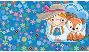 The Girl and the Fox illustration against a bright blue floral background