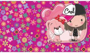 The Girl and the Doggie illustration against a fuchsia floral background