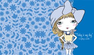Girl in polka dot bandana with a bunny on a blue floral pattern backdrop