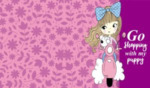 Girl with a bow on a scooter with a puppy on a purple floral pattern backdrop
