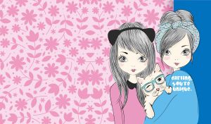 Two girls with headbands and a cat on pink and blue floral pattern backdrop