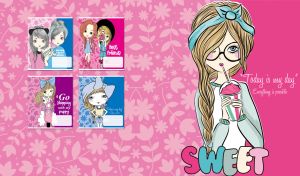 Girl with a bow headband drinks a milkshake on a pink floral pattern backdrop