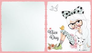 Cute girl with glasses and a cat on a white backdrop with grunge edges