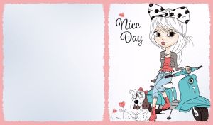 Cute girl on a teal scooter and a dog on a white backdrop with grunge edges