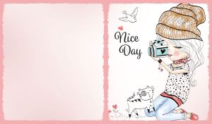 Cute girl with a camera and a cat on a white backdrop with grunge edges