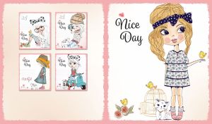 Cute girl with birds and a cat on a white backdrop with grunge edges