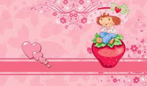 Ginger girl in a striped shirt sits on a strawberry on a pastel pink wallpaper
