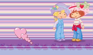 Two girl friends in striped shirts on a pastel purple candy stripe wallpaper