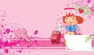 Ginger girl in a strawberry hat on a trip on a pastel pink polka dots wallpaper