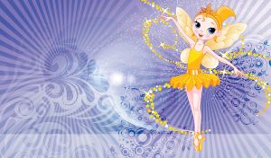 Blond ballerina with yellow fairy wings dances among the stars on pastel navy