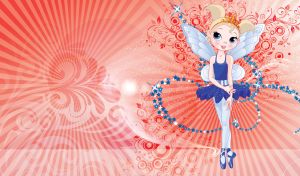 Blond ballerina with blue fairy wings dances among the stars on pastel red