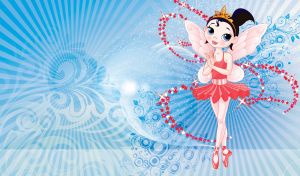 Brunette ballerina with red fairy wings dances among the stars on pastel blue