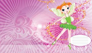 Ginger ballerina with green fairy wings dances among the stars on pastel red violet