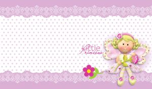 Fairy rag doll holds a flower on a pastel purple-pink polka dot pattern on white