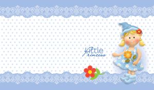 Elf rag doll holds a flower on a pastel blue polka dot pattern on white