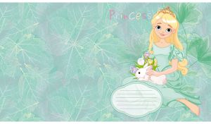 Blonde princess holds a white rabbit against pastel green leaf pattern backdrop