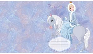 Blonde princess in a short fur coat against pastel violet leaf pattern backdrop