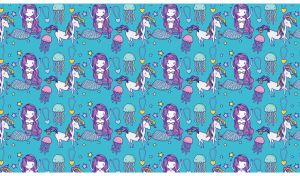 A cartoon seamless pattern with mermaids, unicorns, and jellyfish on light blue