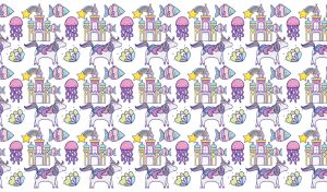 A cartoon seamless pattern with palaces, unicorns, and jellyfish on white