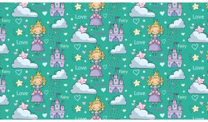 A cartoon seamless pattern with princesses, castles, and rainy clouds on teal