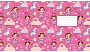 A cartoon seamless pattern with princesses, unicorns, and rainbow clouds on pink