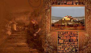 The Palanok Castle framed on a brown art backdrop with a redhead beauty