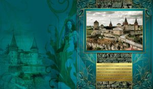 Kamianets-Podilskyi Castle on a teal art backdrop with a brunette beauty
