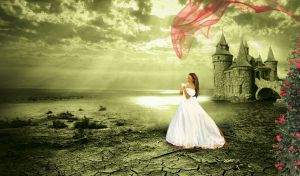 Girl in white stands at the edge of water by a castle with red flowers aside in light green