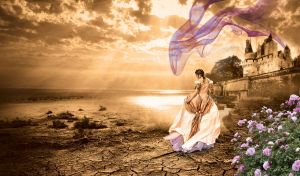 Girl in white and brown at the edge of water by a castle with purple flowers aside in light brown