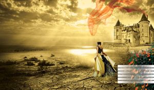 Girl in black and white at the edge of water by a castle with orange flowers in sepia-brass